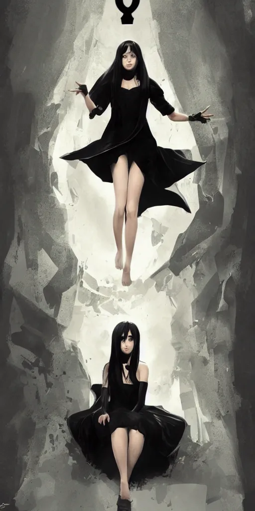 Prompt: character poster of young girl with straight long black hair wearing black dress sitting in bathroom floor, poster by capcom art team collaborating with artgem, greg rutkowski and mario testino