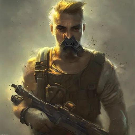 Image similar to post apocalyptic super mario, realistic portrait, masterpiece painting by greg rutkowski wlop and ross tran, highly detailed sharp focus