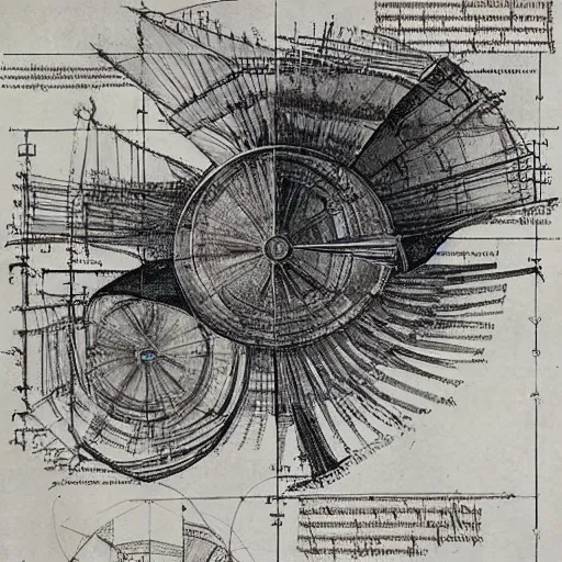 Image similar to leonardo da vinci color intricate full page scan blueprint of an environmental turbine machine, on paper, black ball pen style, :: ultra-detailed technical precision :: mixed media with white and silver lines, realistic composition, point of interest at golden ratio, light from right, more darkness on the bottom, monumentally art composition, high quality of sketching with subtle hairlines, highly detailed rounded forms, inside out and outside in, octane render