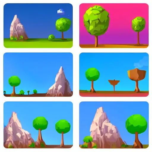 Prompt: A game assets spritesheet for jetset radio game . HD vector Containing modular props, terrain, trees, 2d side view, platform, vector art, very detailed