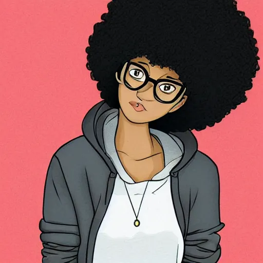 Prompt: a very beautiful girl with dark complexion, long, curly, afro hair, stylistic oval black eyes, half - frame square glasses, grey hoodie opened, white tank top, jeans, character art, cute, digital art, cartoon network, cel shaded, character art
