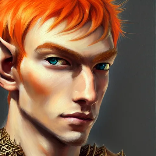 Image similar to portrait painting of an elven young man with short light orange hair and tribal tattoos on his face wearing fur armor, sharp focus, award - winning, trending on artstation, masterpiece, highly detailed, intricate. art by terese nielsen