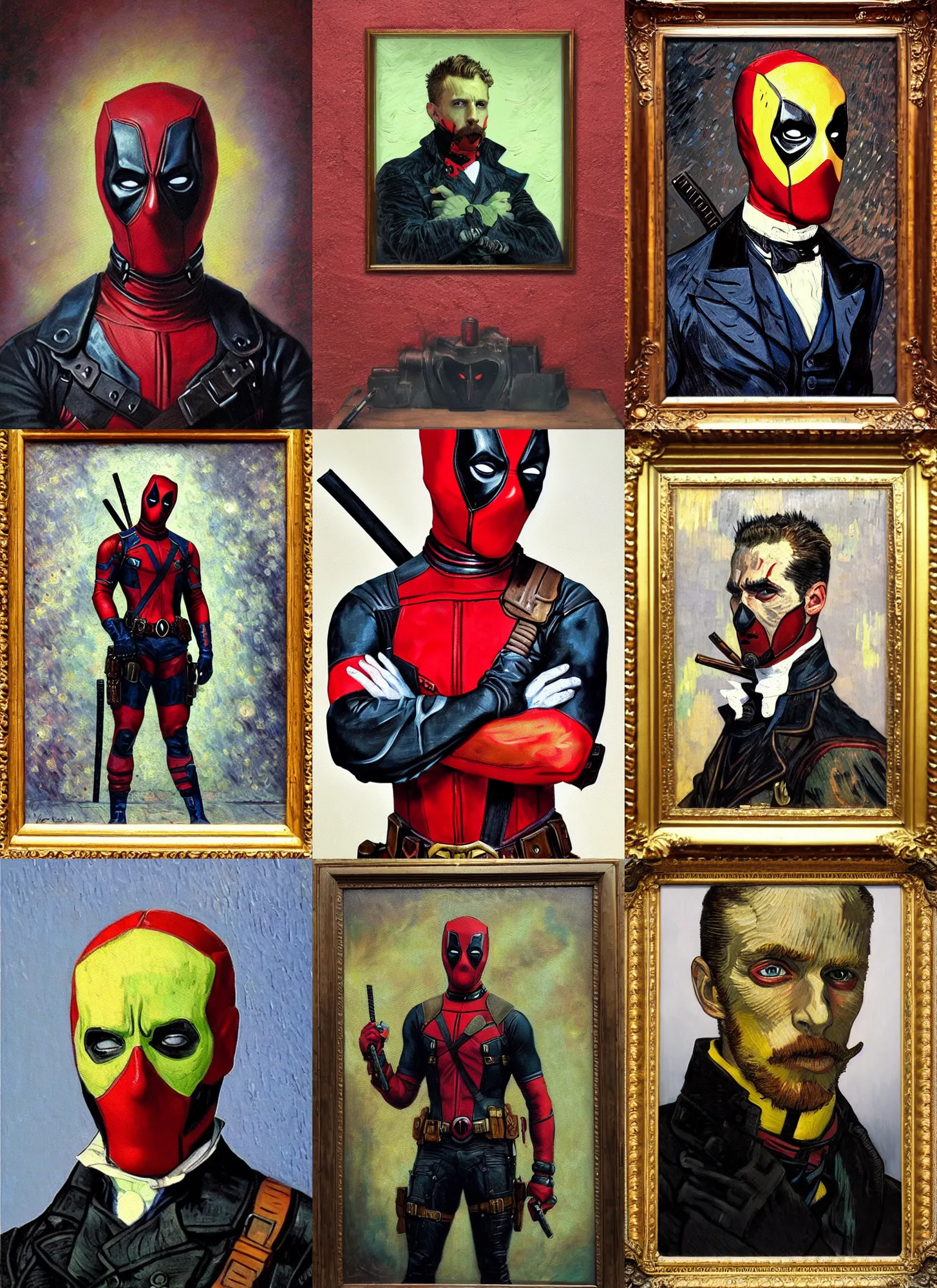 Image similar to oil painting of victorian deadpool created by james jean, vincent van gogh, michaelangelo, fantasy, portrait, highly detailed, large brush strokes