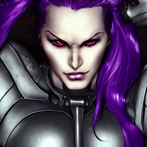 Image similar to extreme close up portrait, pale woman with flowing purple hair in rusty sci - fi power armor, high detail, eyepatch, stoic, elegant, muscles, powerful, commanding, by stjepan sejic, sunstone, dc comic, marvel comic