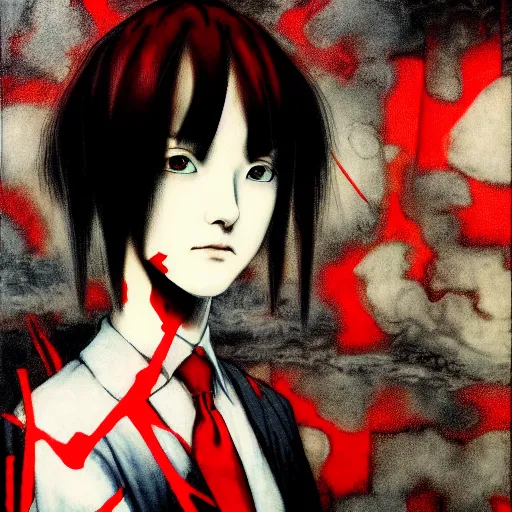 Image similar to yoshitaka amano blurred and dreamy realistic three quarter angle horror portrait of a sinister young woman with short hair, horns and red eyes wearing office suit with tie, junji ito abstract patterns in the background, satoshi kon anime, noisy film grain effect, highly detailed, renaissance oil painting, weird portrait angle, blurred lost edges