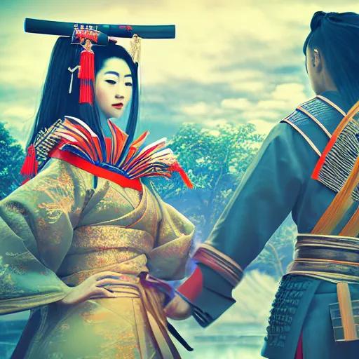 Image similar to A Japanese samurai with a Japanese geisha. 8K 3D acrylic art colourful CryEngine beautiful artwork digital illustration DSLR HDR glowing neon maximalist polished pixiv Unreal Engine vast clear photo filigree designs , by SiChen Wang