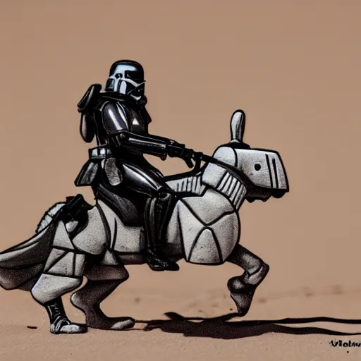 Image similar to an imperial stormtrooper riding on a bunny in the desert