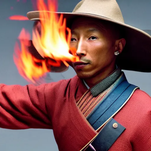 Image similar to cinematic film still Pharrell Williams starring as a Samurai holding fire, Japanese CGI, VFX, 2003, 40mm lens, shallow depth of field,film photography