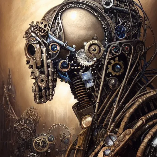 Image similar to low angle shot of a steampunk cyborg with a human face by clive barker, intricate, elegant, highly detailed, centered, digital painting, artstation, concept art, smooth, sharp focus, illustration, artgerm, Tomasz Alen Kopera, Peter Mohrbacher donato giancola, Joseph Christian Leyendecker, WLOP, Boris Vallejo.