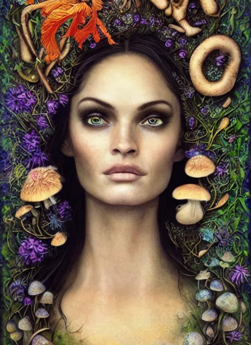 Prompt: arabesques grotesque painting with mushrooms, dandelions, crystals, ferns, very beautiful fairy face that looks like megan fox, with perfectly beautiful dark symmetrical eyes, by james jean and hiroshi yoshida and brian froud, photo, textured, colorful, 8 k resolution