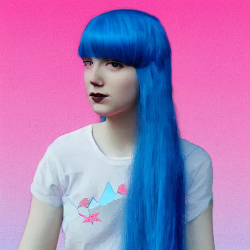 Image similar to girl with blue hair, lesbian cottagecore, pink gradient background, detailed digital art, trending on artstation