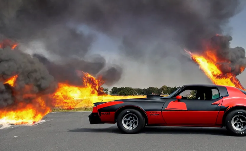 Image similar to a black 1 9 7 3 pontiac firebird trans am sd - 4 5 5 driving high speed, fire explosion in the background, action scen. realistic. dramatic