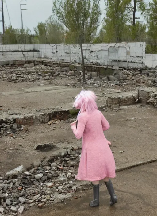 Prompt: humanistic anthropomorphic female axolotl exploring the ruins of chernobyl wasteland