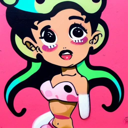 Prompt: ariana grande x betty boop painting, matte paint, street art, by sachin teng : 5 marijuana, graffiti, smoke, hard edges, green, geometric shapes, fisheye lens, sexy, by sachin teng : 6