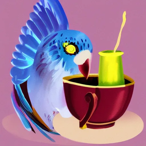 Prompt: fantasy painting of a budgie holsing a cup of tea, award winning, stylized, artstation, hd