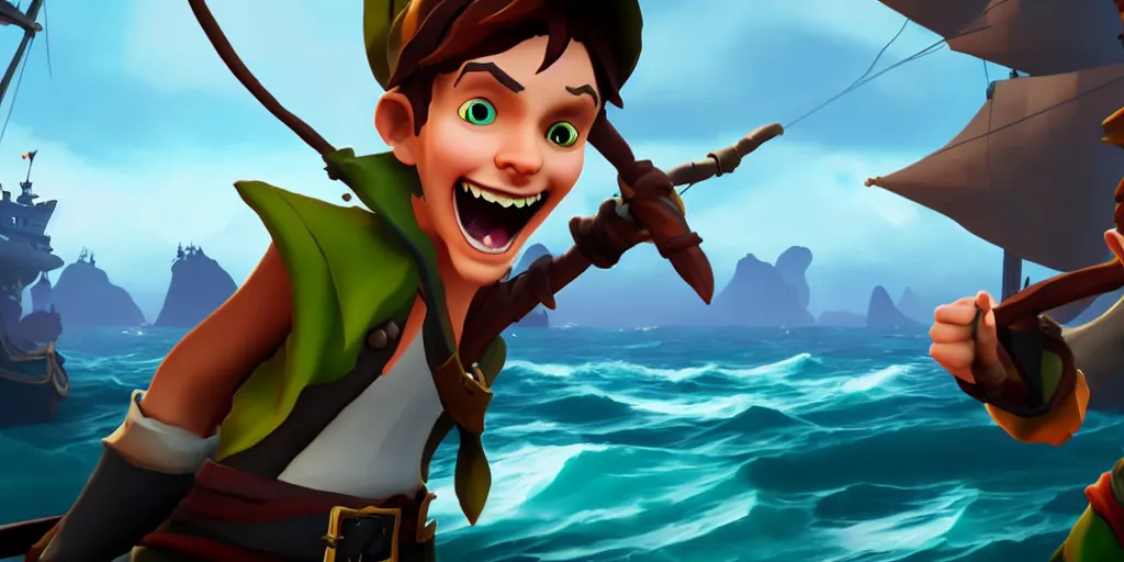 Image similar to selfie of peter pan as a sea of thieves character, sea of thieves screenshot, storm, unreal engine, digital art