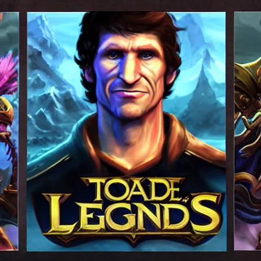 Image similar to todd howard league of legends skin splash art, with a background based on the game league of legends, detailed face