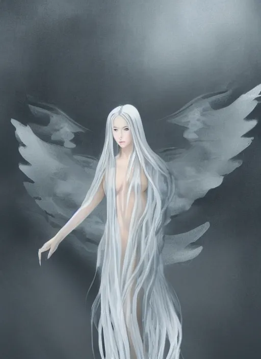 Image similar to tall thin beautiful goddess, pale wan female angel, long flowing silver hair covering her whole body, beautiful!!! painting, young wan angel, flowing silver hair, flowing white robes, flowing hair covering front of body, white robe, white dress!! of silver hair, covered!!, clothed, unexposed, aesthetic, mystery