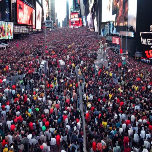 Prompt: giant foot over the crowd standing on times square, ready to squash them