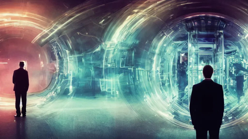 Image similar to movie scene of a man standing in front of a multiverse machine, movie still, cinematic composition, cinematic light, pastel color scheme, by andrzej zuławski