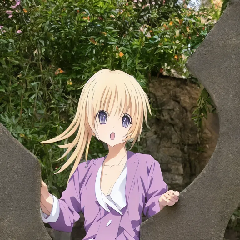 Image similar to close up portrait of a very cute blonde anime girl idol walking at the garden, mouth open, cheeky, in the style of anime, near a stone gate