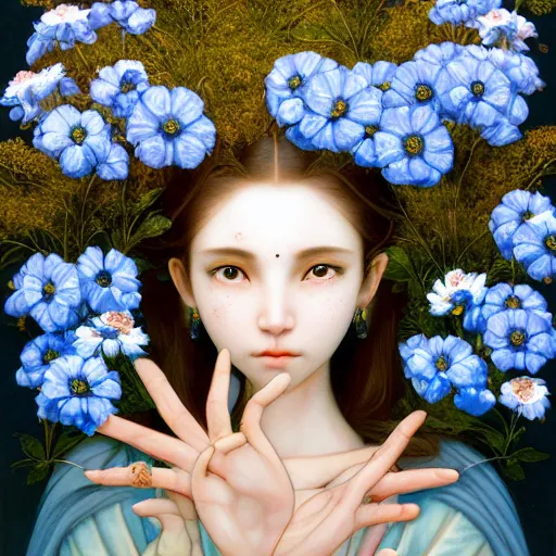 Image similar to breathtaking detailed concept art painting of the goddess of nemophila flowers, orthodox saint, with anxious, piercing eyes, ornate background, amalgamation of leaves and flowers, by Hsiao-Ron Cheng, James jean, Miho Hirano, Hayao Miyazaki, extremely moody lighting, 8K