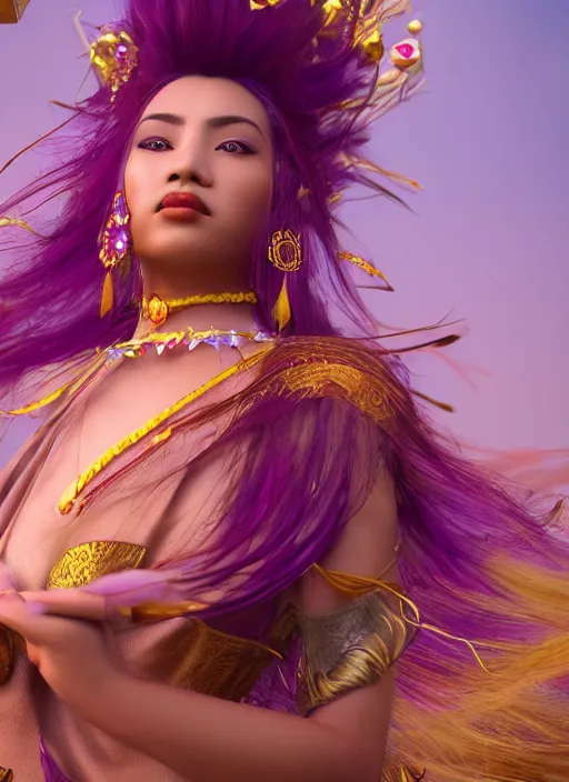 Image similar to closeup photoshoot of a asian goddess of bliss and honey, purple feathers hair, silk flowing in wind, totemic, ritualistic, tarot sigils embedded in ruby skin, photoreal, unreal engine, redshift render, trending on artstation