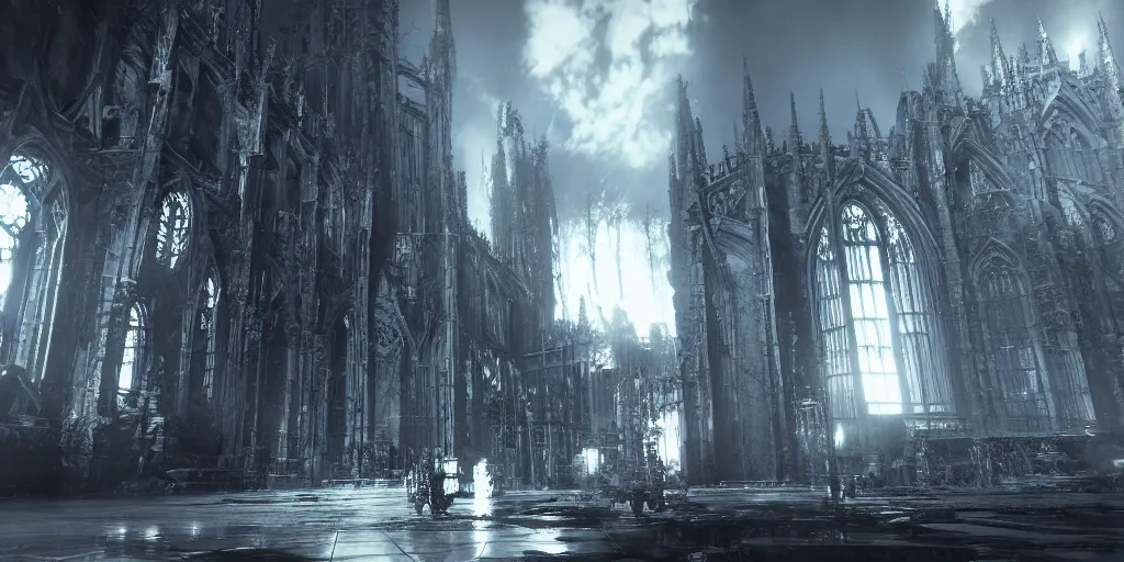 Image similar to grimdark tsutomu nihei aposimz gothic cathedral city, unreal engine, 8 k, ultra realistic, ultra detail