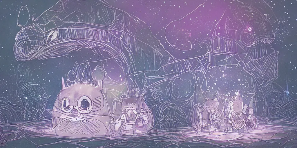 Image similar to glowing wireframe totoro, forest god of princess mononoke, mountain landscape, night sky, digital art, digital painting, celestial, majestic, colorful