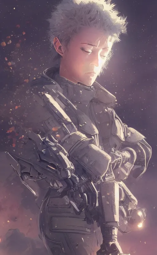 Image similar to highly detailed, high resolution, character design art, stunning, volumetric lightning, realistic guns, matte, sharp focus, intricate, 150mm, illustration, artstation, by kuvshinov ilya, realistic human anatomy, simple design, realistic military gear, from royal space force the wings of honnêamise movie