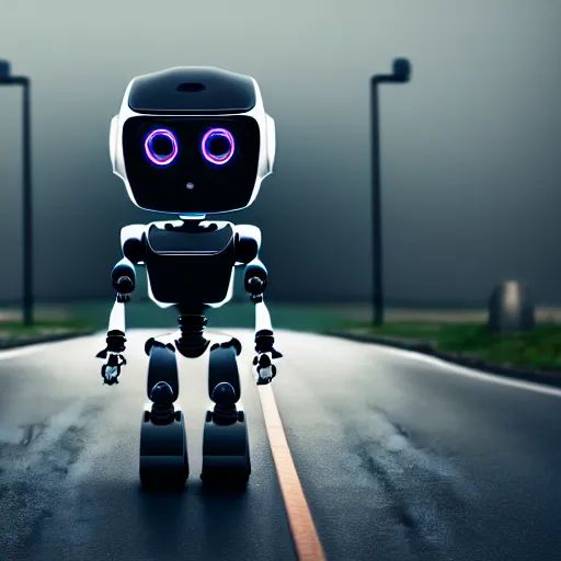 Prompt: a cute little robot of front of a car. super realistic 8 k render of a dark hooded powerful elegant, cinematic composition