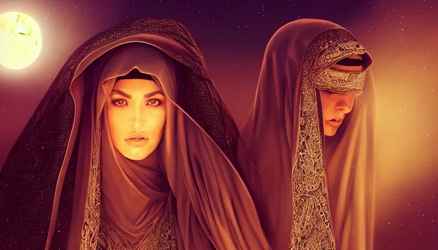 Image similar to Portrait of very very very very very very beautiful Arab woman wearing a Niqab, under giant full moon in the desert, intricate, glowing magical eyes, energy trails, elegant, highly detailed, digital painting, artstation, concept art, smooth, sharp focus, illustration, art by artgerm and greg rutkowski and alphonse mucha