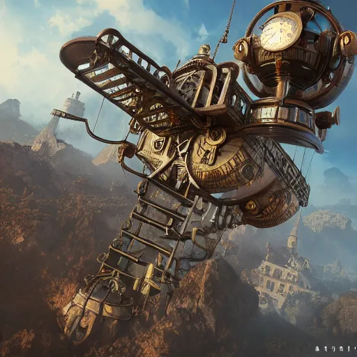 Image similar to flying steampunk fortress, extremely detailed, behrens style, unreal 5 render, fantasy digital art, octane render, beautiful composition, trending on artstation, award - winning photograph, masterpiece