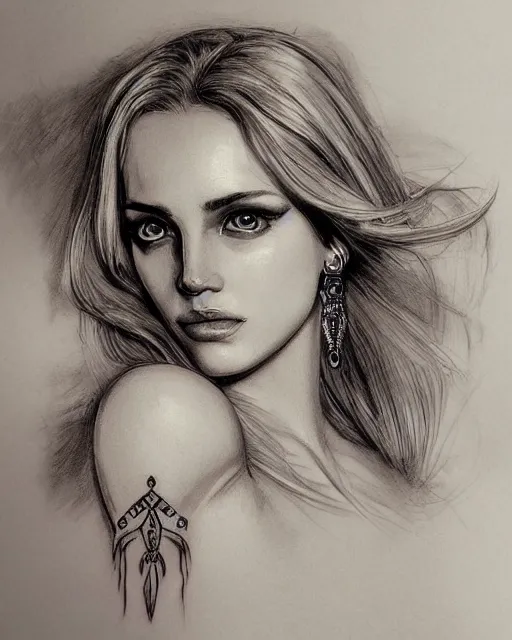 Image similar to tattoo sketch of beautiful greek goddess aphrodite with arrowhead earrings, beautiful piercing eyes, flowing blonde hair, realistic face, hyper realistic, in the style of greg rutkowski, fantasy, amazing detail, epic, intricate, elegant, smooth, sharp focus