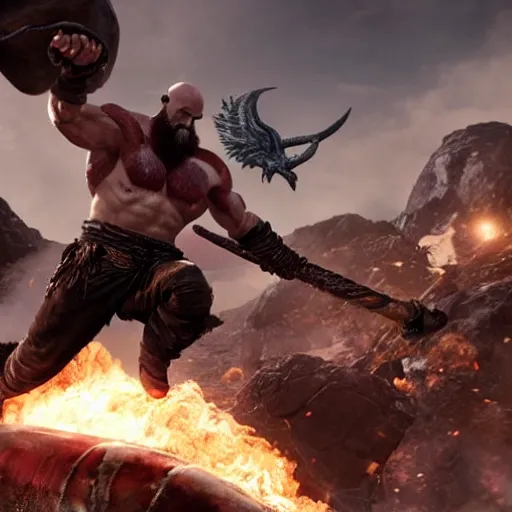 Image similar to kratos, with leviathan axe, jumping a black harley - davidson motorcycle off a cliff, cinematic render, playstation studios official media, god of war 2 0 1 8, flames