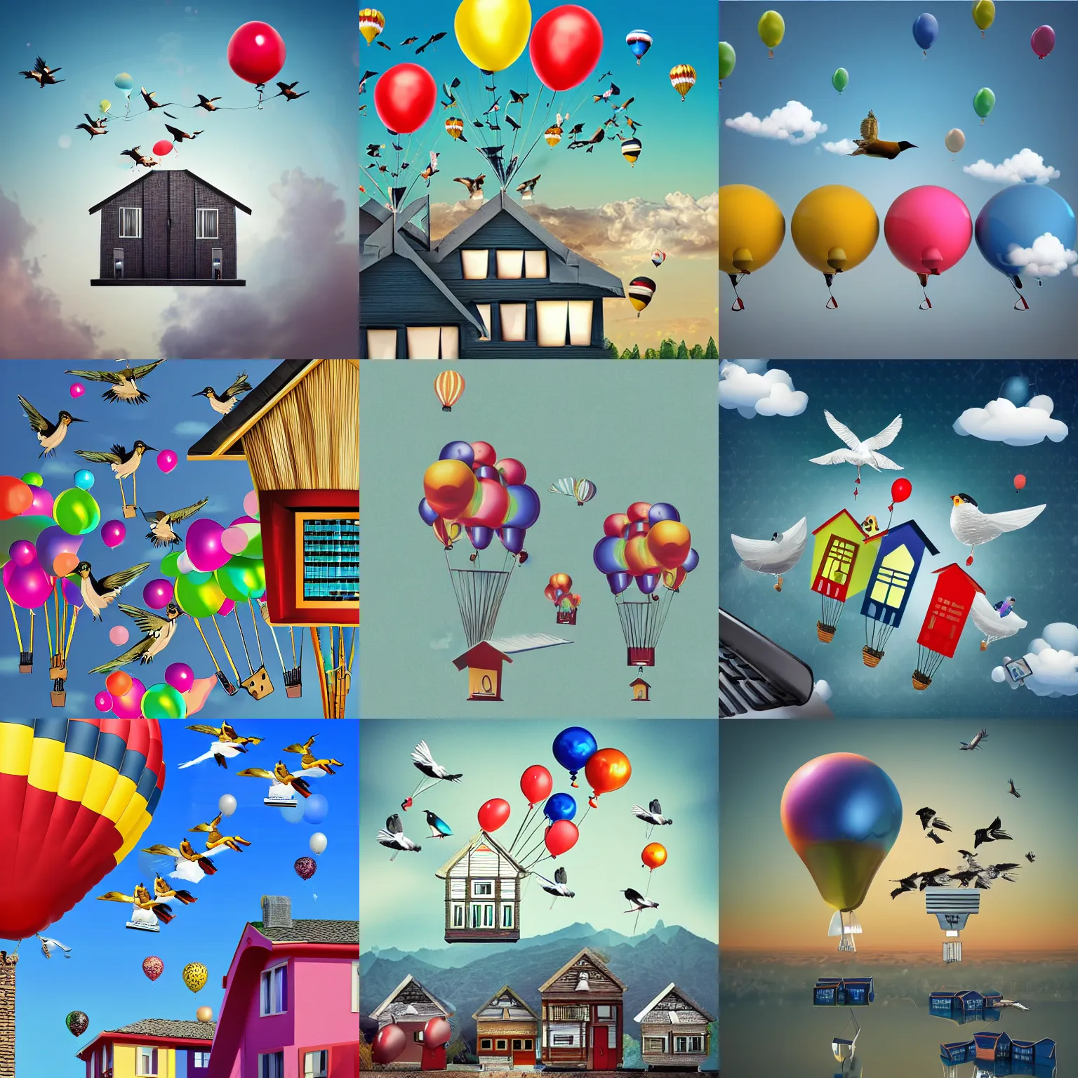 Prompt: birds carrying a computer, 2 houses on top of the birds and balloons on top, highly detailed art, modern deco, photo realistic