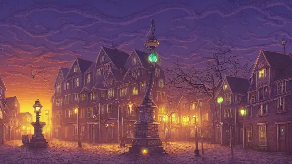 Image similar to empty lovecraftian town square surrounded by houses and inns. cthulhu statue. lovecraftian city at sunset by cyril rolando and naomi okubo and dan mumford and ricardo bofill. lovecraft. cobbled streets. oil lamp posts. lovecraftian. sunset swirly sky.