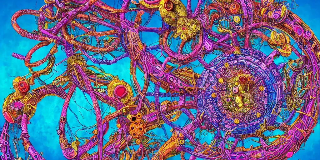 Prompt: biological valve body megastructure in the style of dr. seuss, intricate colorful masterpiece, hyper detailed, hd