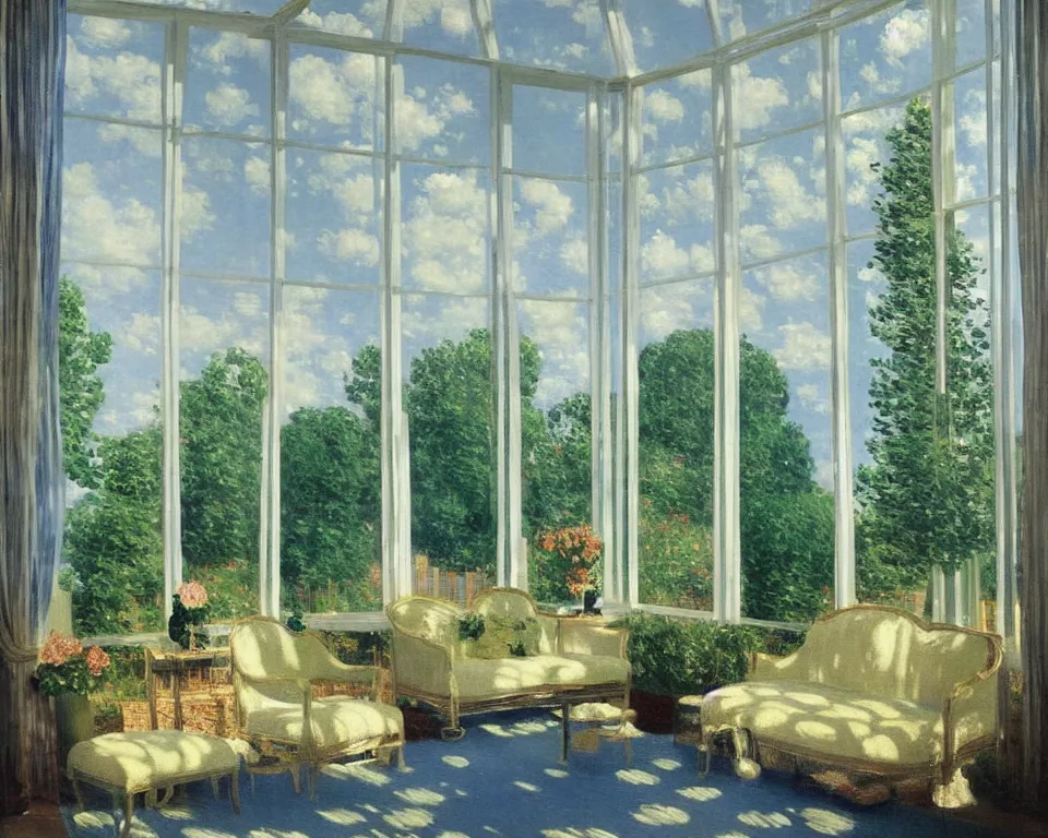 Image similar to achingly beautiful painting of a sophisticated, well - decorated, modern sunroom by rene magritte, monet, and turner.