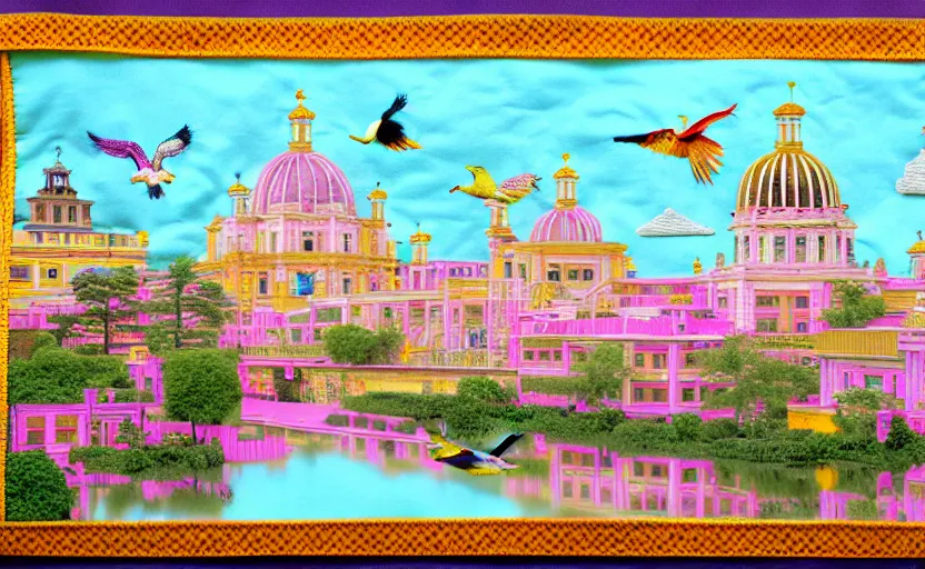 Prompt: building along a river, seen from the long distance. matte paper and embroidery fabric collage. huge flamish baroque maximalist birds flying. highly detailed childrenbook illustration in interesting unusual soft natural pastel tones.