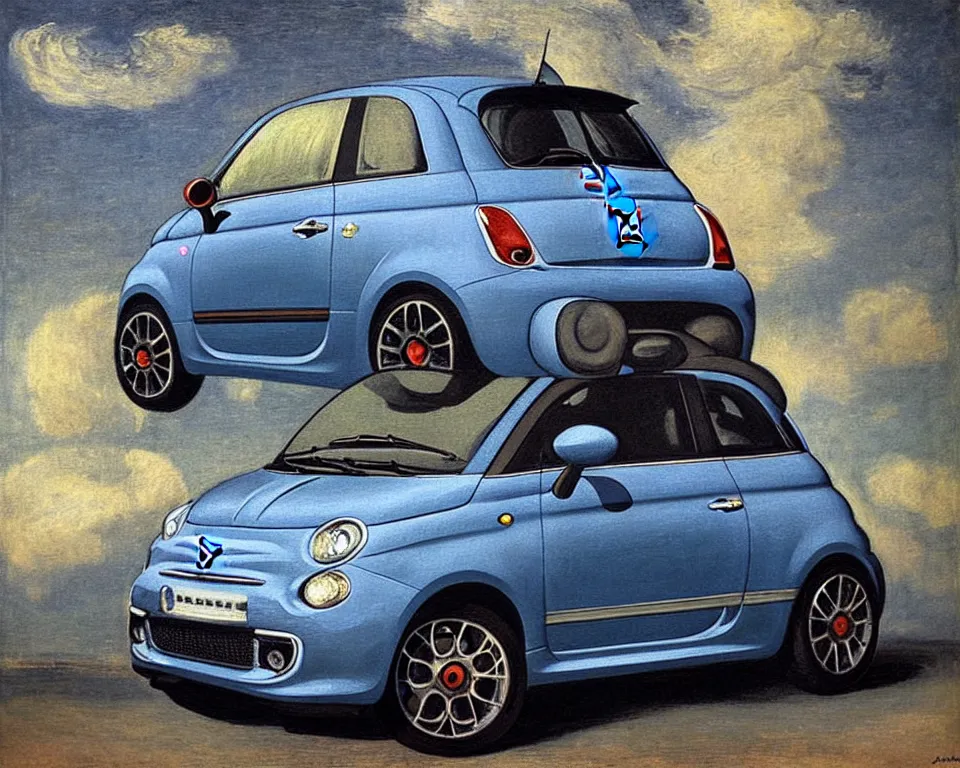 Image similar to achingly beautiful painting of a graphite 2 0 1 3 fiat 5 0 0 abarth by rene magritte, monet, and turner.