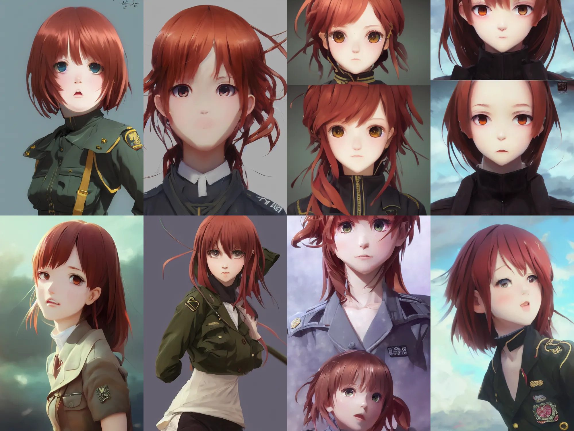 Prompt: Very complicated dynamic composition, realistic anime style at Pixiv CGSociety by WLOP, ilya kuvshinov, krenz cushart, Greg Rutkowski, trending on artstation. Zbrush sculpt colored, Octane render in Maya and Houdini VFX, close-up portrait of young redhead girl in motion, cute, innocent, she expressing joy, wearing military uniform, silky hair, stunning deep eyes. Very expressive and inspirational. Amazing textured brush strokes. Cinematic dramatic atmosphere, soft volumetric studio lighting