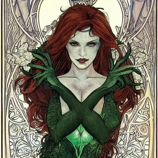 Prompt: a beautiful and detailed tarot card of a seductive poison ivy dressed as a lawyer in the big city, dark eyeliner, intricate, elegant, highly detailed, digital painting, artstation, concept art, matte, sharp focus, illustration, art by rebecca guay and by arthur rackham and by alphonse mucha and by john william waterhouse