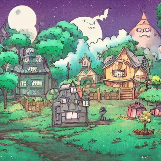 Image similar to a whimsical halloween night in a village in the style of studio ghibli by miyazaki