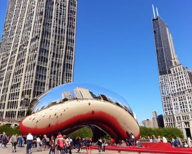 Prompt: the bean in chicago but it's a hotdog