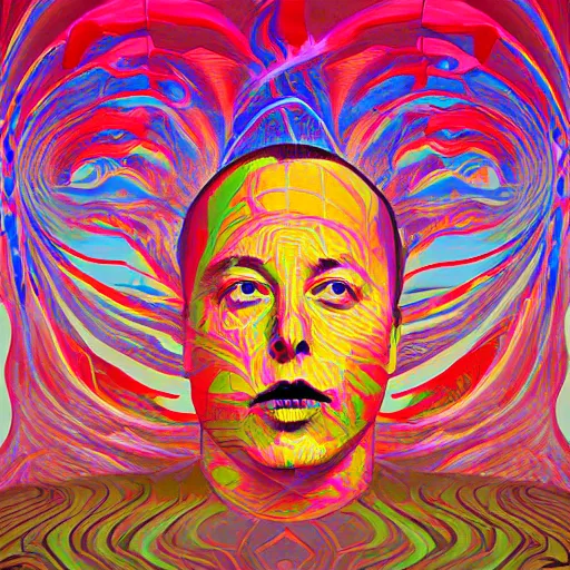 Prompt: Surrealist Portrait painting of Elon Musk's Acid Trip, album cover