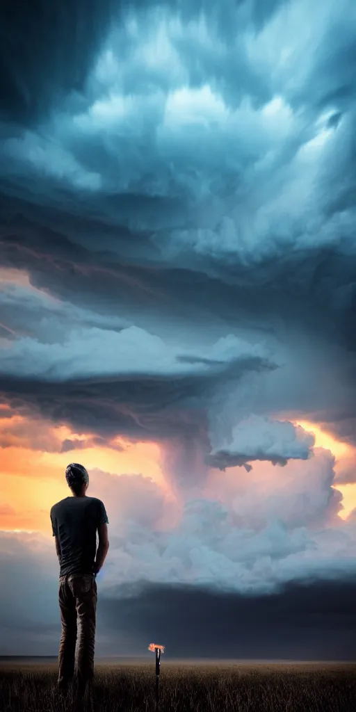 Image similar to a man resting smoking a joint at the end of the world, a supercell storm dark and brooding far away in the distance, open farming fields the foreground during sunset, by stephen king, storm of all storms, end of the world, nature, cinematic, hyperrealistic, evil, dark, cgsociety, 8 k