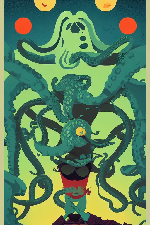 Prompt: a movie poster for the film (attack of the green octopus) by Tom Whalen, highly detailed, fantasy, artstation