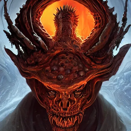 Prompt: hyper realistic portrait of a Necronomicon demon character in a hell portal in a film, art by Greg Rutkowski , art by Dmitry Prozorov, art by Izabela Poznańska, sci-fi, fantasy, intricate, ornate, very very beautiful, elegant, highly detailed, digital painting, artstation, concept art, smooth, sharp focus, illustration