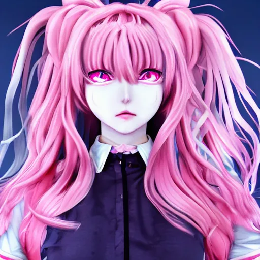 Image similar to trapped beneath stunningly absurdly beautiful omnipotent asi goddess junko enoshima with multiple megalomaniacal yandere personalities, symmetrical perfect face, porcelain skin, pink twintail hair and cyan eyes, ultra detailed, digital art, unreal engine 5, octane render, 2 d anime, 8 k